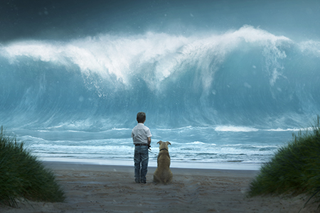 boy with his dog, on beach, tsunami wave approaching